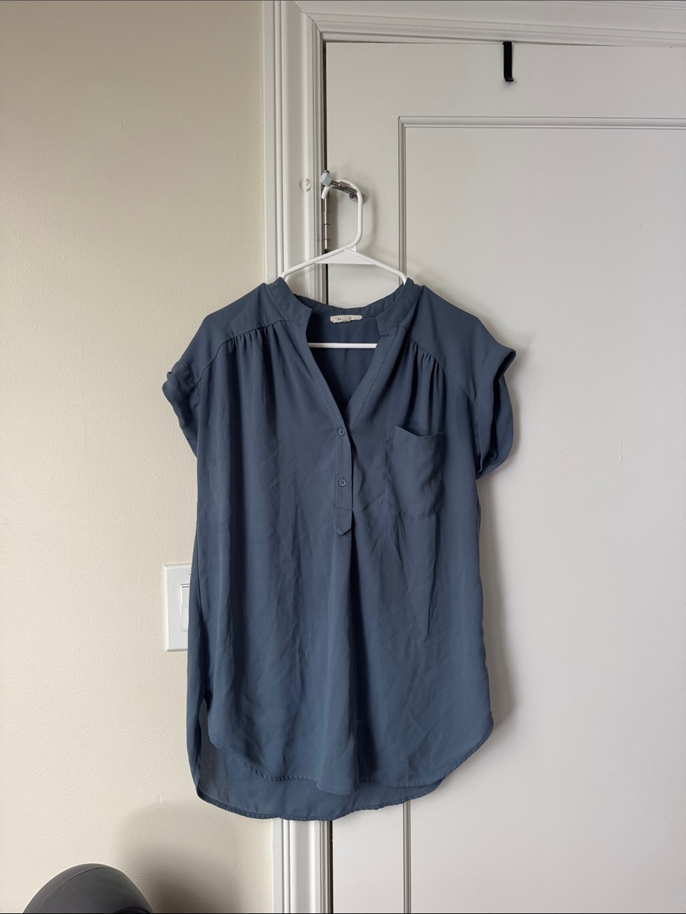 Pleione Slate Blue Short Sleeve V-Neck Blouse